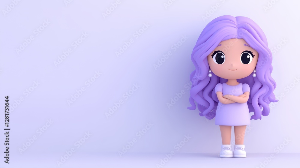 A charming character with purple hair stands in a relaxed pose, arms crossed and wearing a simple purple dress and white shoes. The light background enhances her playful look A charming character with purple hair stands in a relaxed pose, arms crossed and wearing a simple purple dress and white shoes. The light background enhances her playful look