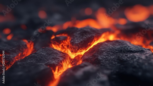 Lava oozes across a rocky landscape, creating a vivid contrast between the bright, glowing orange and the dark, rugged rocks. This natural phenomenon highlights volcanic activity photo