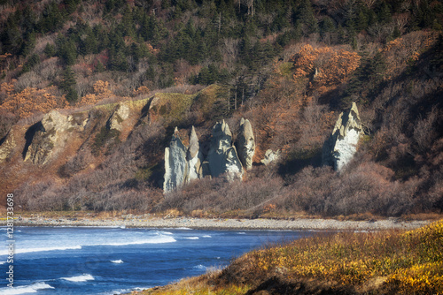 Rock among the autumn forest. Kunashir, South Kuriles photo