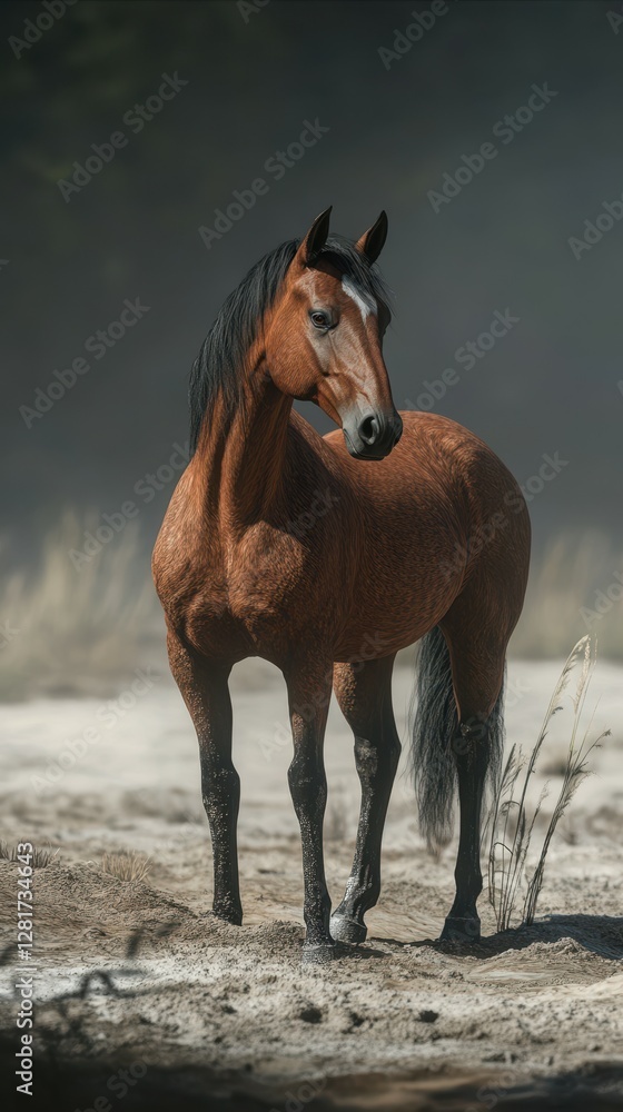 Fototapeta premium Majestic horse stands proudly in misty landscape at dawn near a tranquil water source with soft fog enveloping the surroundings
