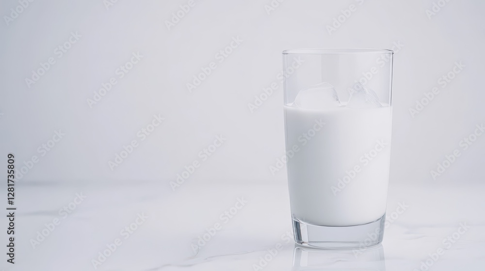 A clear glass filled with chilled milk sits on a marble countertop. The setting is bright and minimalistic, perfect for a refreshing drink on a warm day A clear glass filled with chilled milk sits on a marble countertop. The setting is bright and minimalistic, perfect for a refreshing drink on a warm day