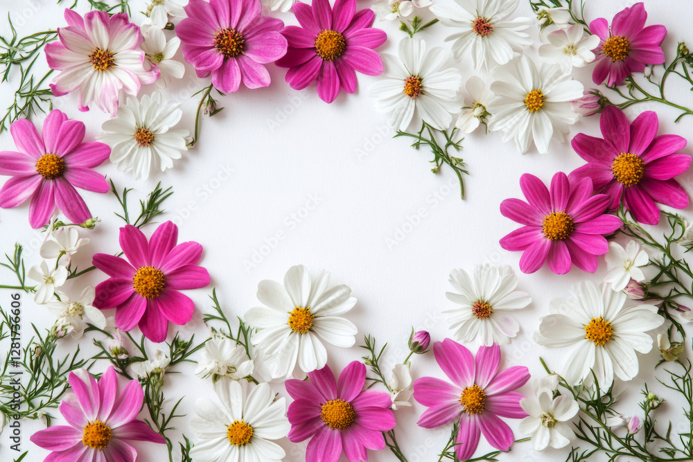 A top view of wild pink and white flowers, chaotically arranged around empty space for text, framed by nature beauty with a clean white background, offering a fresh, minimal feel A top view of wild pink and white flowers, chaotically arranged around empty space for text, framed by nature beauty with a clean white background, offering a fresh, minimal feel