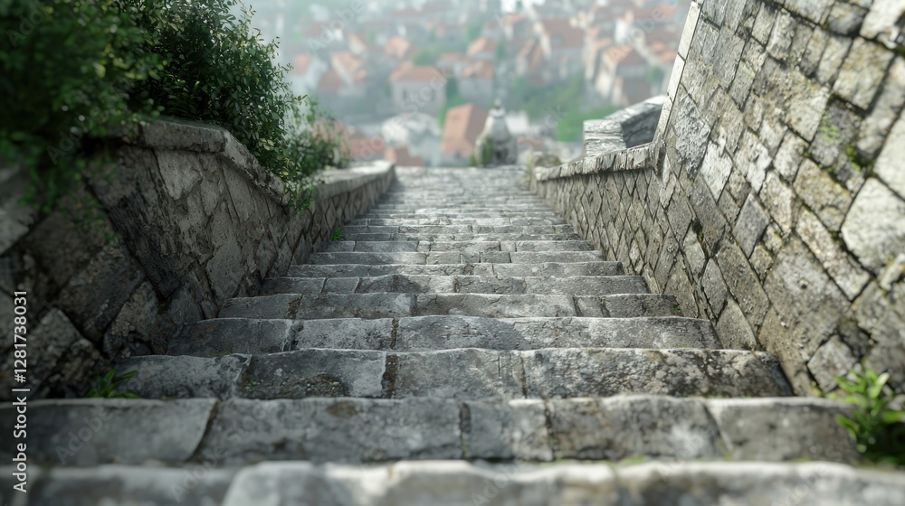 Ancient Stone Steps Leading to a Misty Town Ancient Stone Steps Leading to a Misty Town