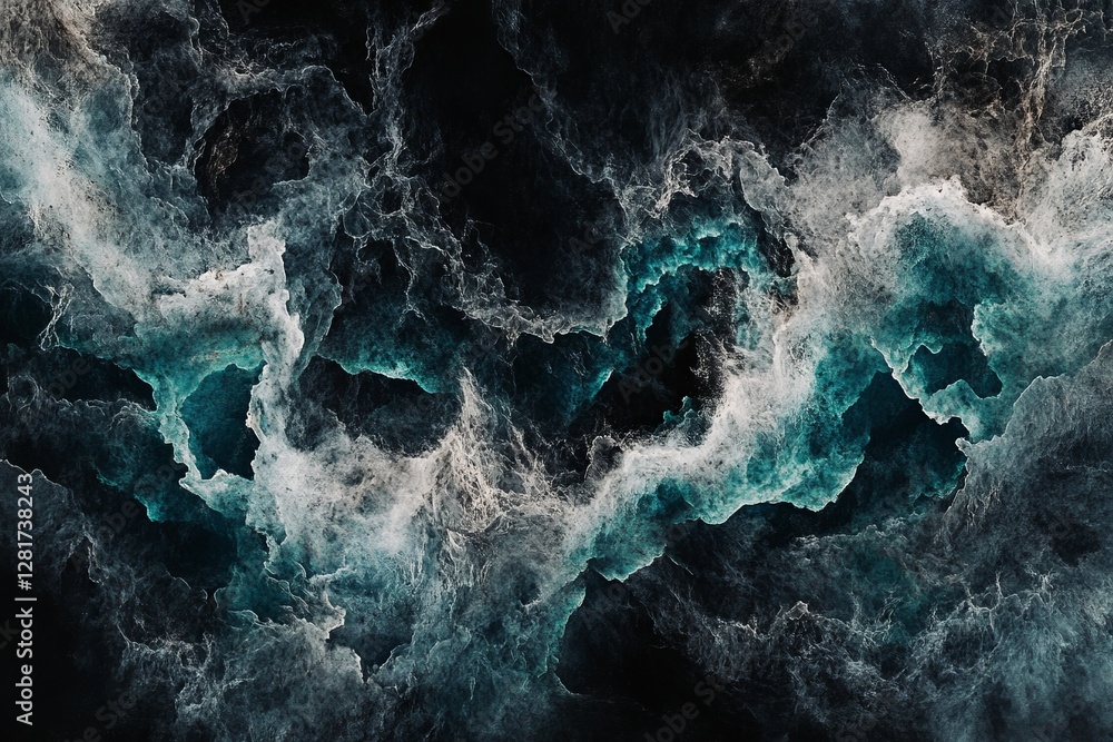Fototapeta premium A dark blue and white ocean wave. Abstract background with glowing blue and green waves on a black backdrop, a concept of sound or music visualization.