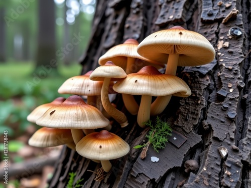 Cluster of Wild Mushrooms Growing on a Decaying Tree Trunk in a Forest