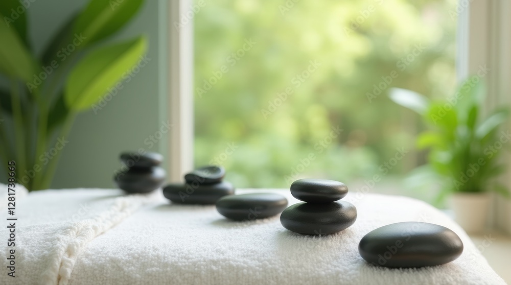 Spa and wellness setting with zen stones, flowers and towels Spa and wellness setting with zen stones, flowers and towels