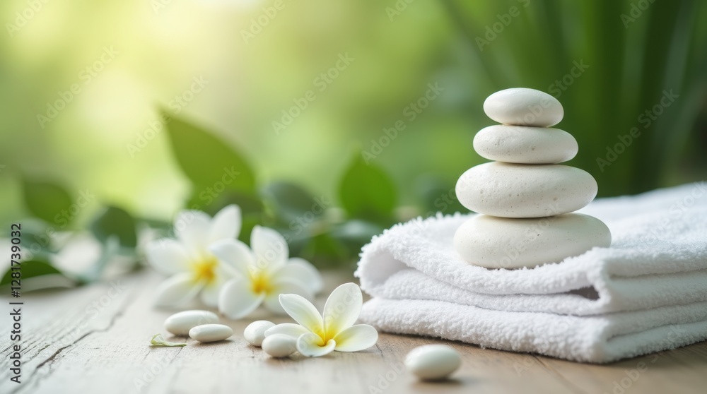 Spa and wellness setting with zen stones, flowers and towels Spa and wellness setting with zen stones, flowers and towels