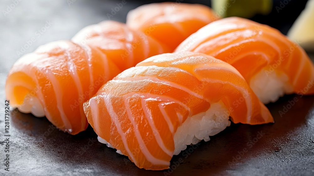 Single roll of salmon sushi against a dark background--homemade sushi dish Single roll of salmon sushi against a dark background--homemade sushi dish