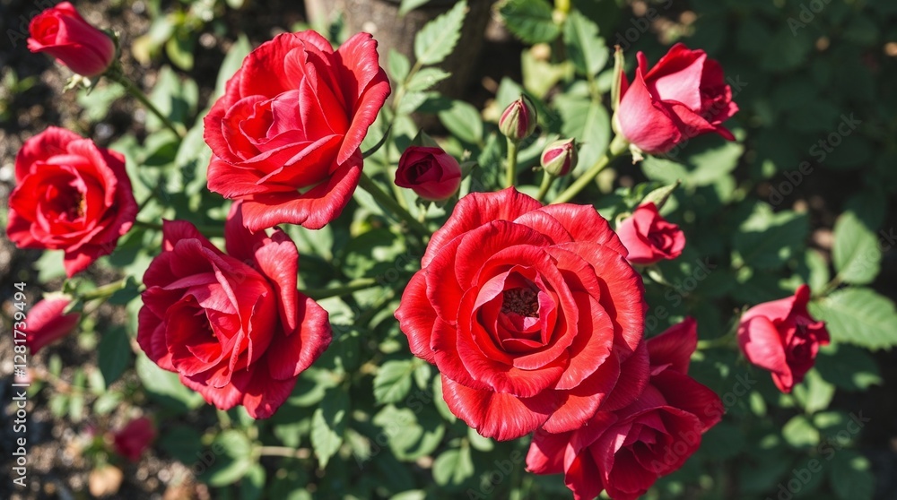Vibrant bouquet of red roses in a spring garden, top-down view, showcasing strong contrasts and deep shadows using chiaroscuro lighting, Mother's Day Vibrant bouquet of red roses in a spring garden, top-down view, showcasing strong contrasts and deep shadows using chiaroscuro lighting, Mother's Day
