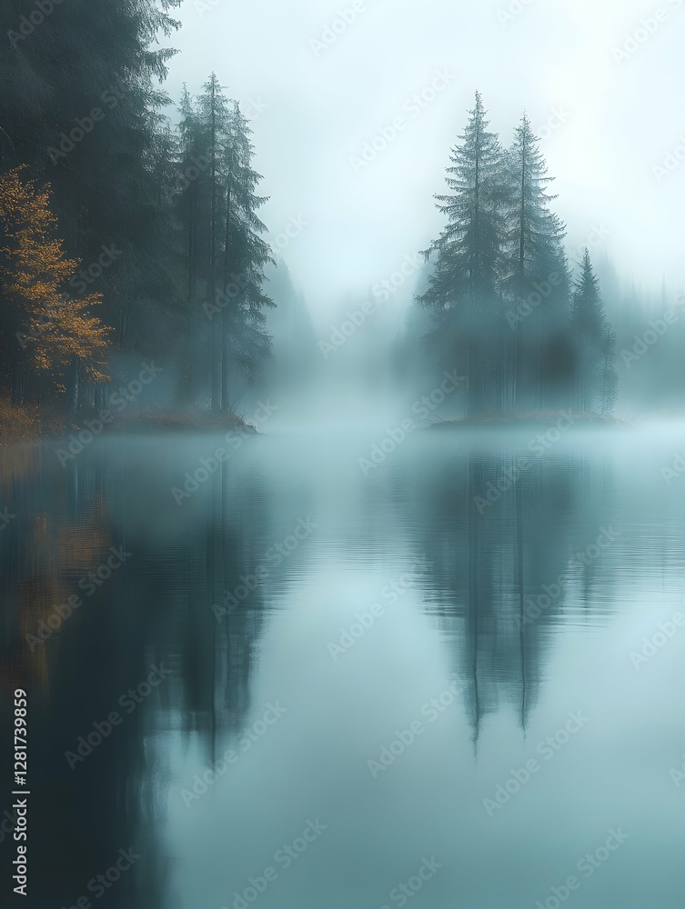 Misty lake, autumn trees reflecting, serene landscape, nature photography, calm mood Misty lake, autumn trees reflecting, serene landscape, nature photography, calm mood