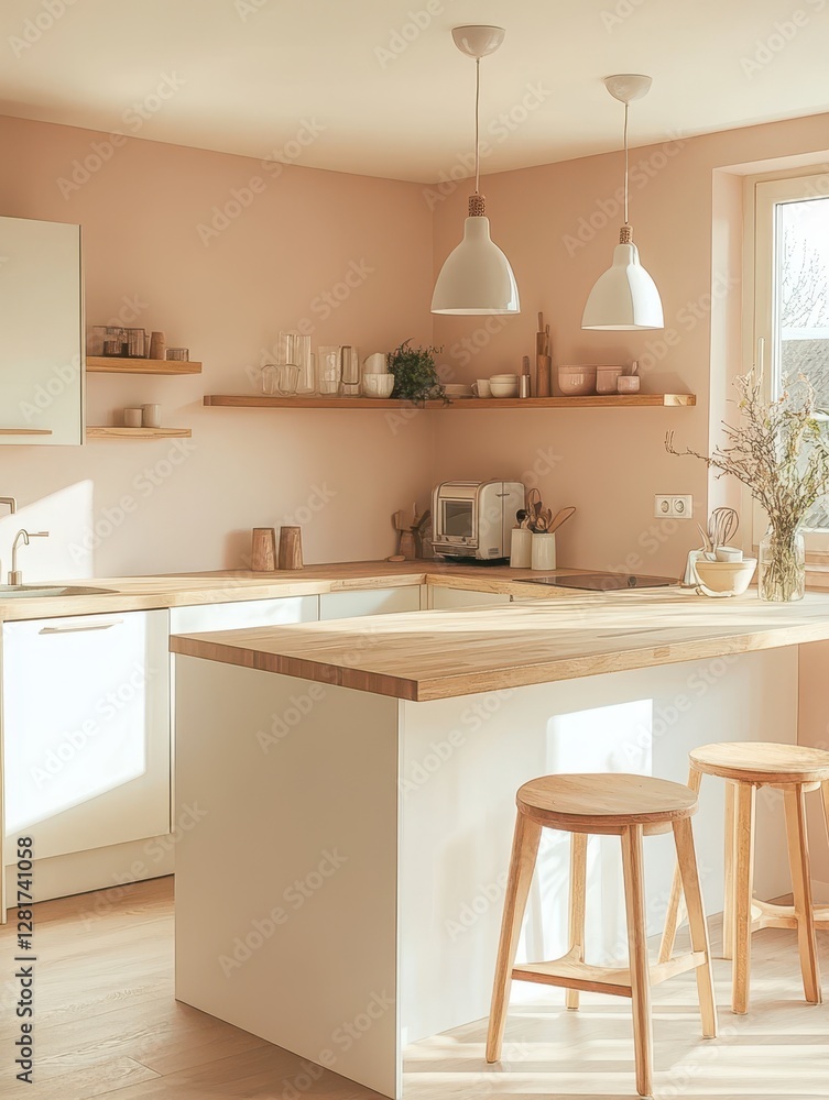 Fototapeta premium Modern kitchen features a minimalist design with bright lighting