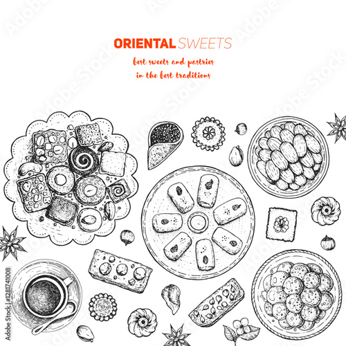 Oriental sweets vector illustration. Middle eastern food, hand drawn sketch. Linear graphic. Food menu background.