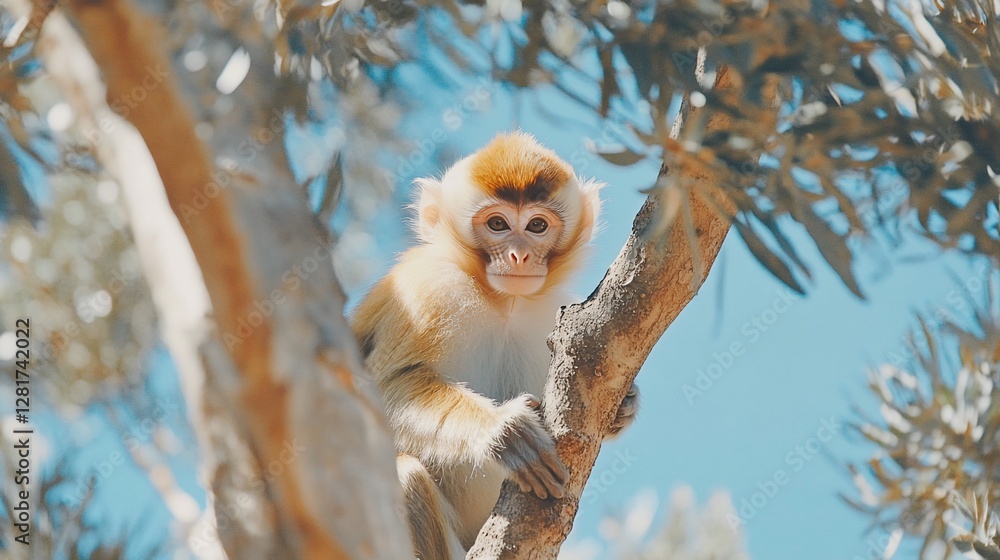Fototapeta premium Young monkey perched in olive tree, sunny day, wildlife sanctuary