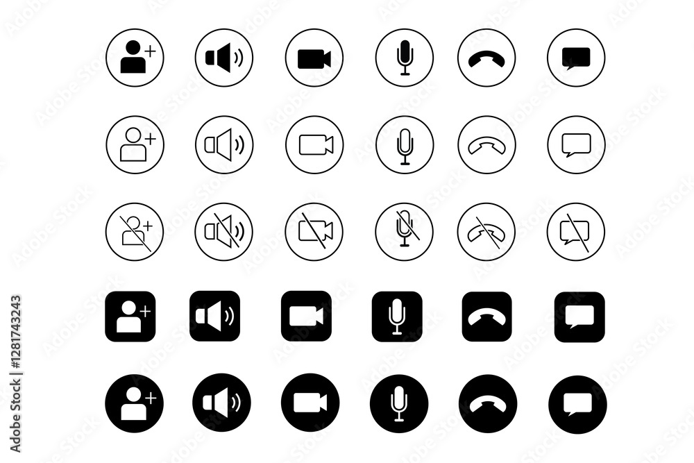 Speaker, Mic and Video Camera icons. Basic icons for Video Conference, Webinar and Video call Speaker, Mic and Video Camera icons. Basic icons for Video Conference, Webinar and Video call