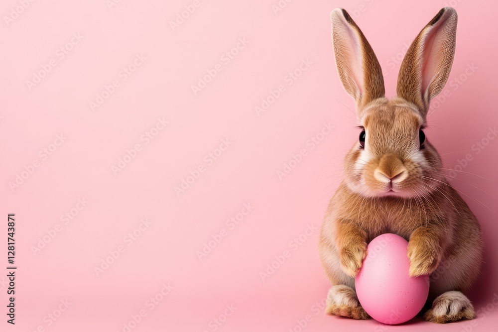 Obraz premium A fluffy bunny sits upright, gently cradling a pastel pink egg in its paws. The soft pink background enhances the cheerful atmosphere of spring festivities
