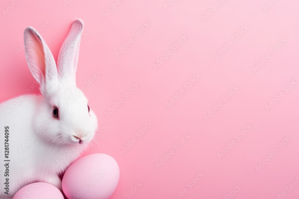A white rabbit rests beside two pastel pink eggs on a soft pink backdrop. This charming display evokes feelings of spring celebrations and natural beauty A white rabbit rests beside two pastel pink eggs on a soft pink backdrop. This charming display evokes feelings of spring celebrations and natural beauty