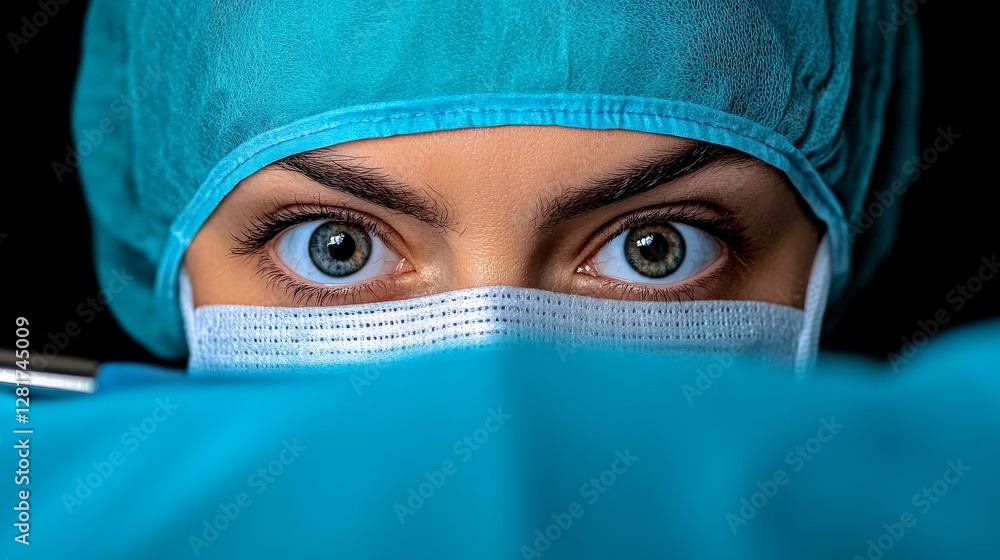 Intense Close-Up of Female Surgeon with Blue Scrubs and Mask Intense Close-Up of Female Surgeon with Blue Scrubs and Mask