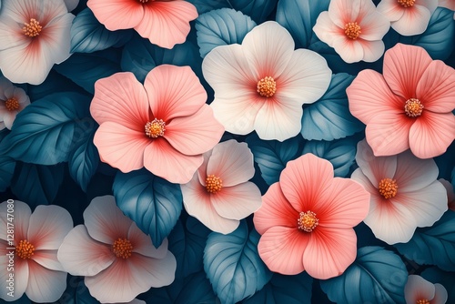 Wallpaper Mural A bunch of pink and white flowers. Vintage floral pattern with small white flowers and leaves on a turquoise background, a seamless vector fabric texture design for textile print Torontodigital.ca