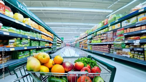 Explore a vibrant supermarket aisle filled with fresh fruits and vegetables. Shoppers enjoy a variety of healthy options and organized displays as they search for groceries.