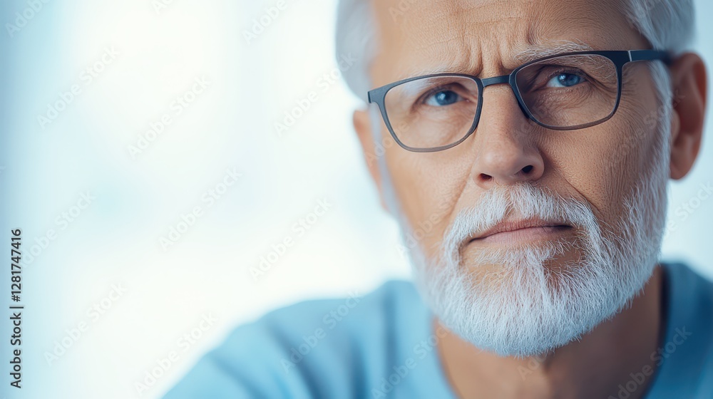 An elderly man with a gray beard and glasses gazes thoughtfully, highlighting his wisdom against a softly lit background. Morning light fills the room An elderly man with a gray beard and glasses gazes thoughtfully, highlighting his wisdom against a softly lit background. Morning light fills the room