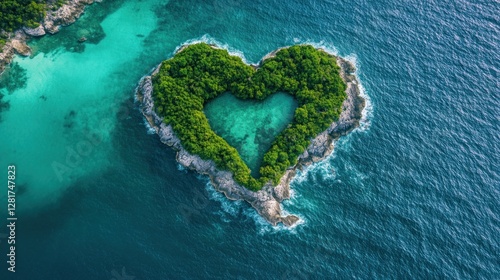 Heart-shaped island aerial view, ocean lagoon