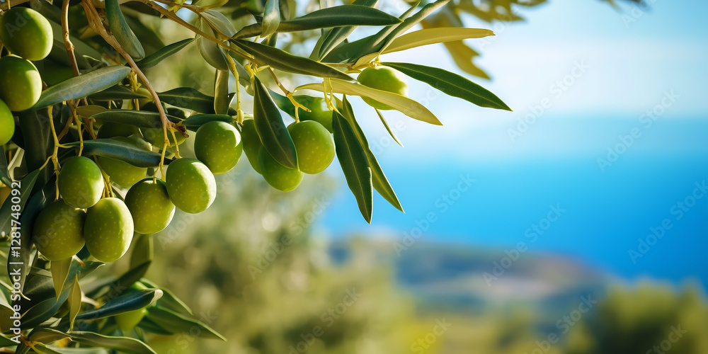 Fototapeta premium Mediterranean landscape with green olives on olive tree branch with blue sea and sky background