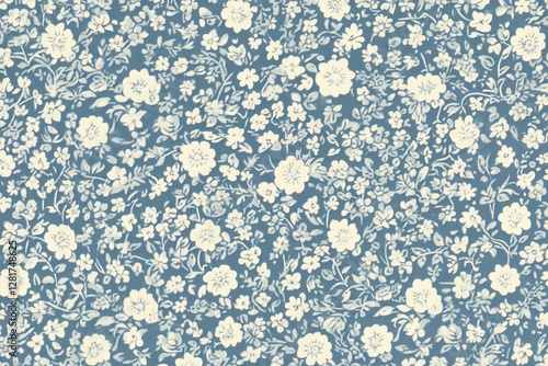 A blue and white floral print. Vintage floral pattern with small white flowers and leaves on a turquoise background, a seamless vector fabric texture design for textile print