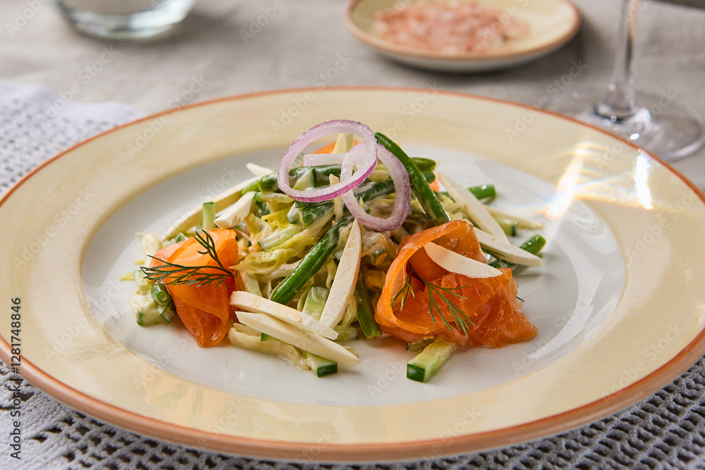 Elegant Salmon and Tofu Salad with Fresh Vegetables - Vibrant and Artful Culinary Composition Elegant Salmon and Tofu Salad with Fresh Vegetables - Vibrant and Artful Culinary Composition