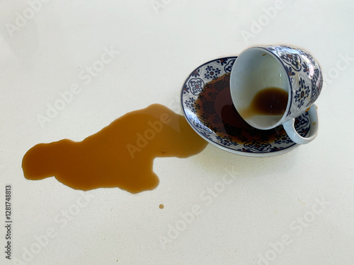 Spilled coffee from patterned ceramic cup on white surface