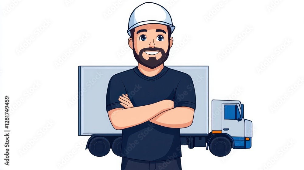 A construction worker with a hard hat smiles while standing in front of a large moving truck. He appears ready for a busy day at the construction site. The bright sunlight highlights the scene A construction worker with a hard hat smiles while standing in front of a large moving truck. He appears ready for a busy day at the construction site. The bright sunlight highlights the scene