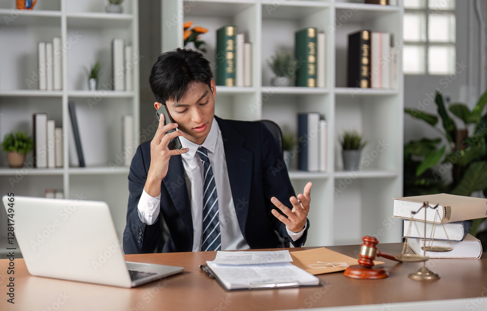 Young businessman discussing important matters on the phone while reviewing documents in a modern office. Young businessman discussing important matters on the phone while reviewing documents in a modern office.