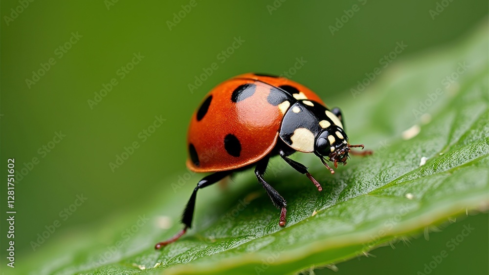 Close-up of a vibrant ladybug on a leaf with detailed patterns in nature Close-up of a vibrant ladybug on a leaf with detailed patterns in nature