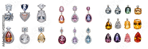 Set of Close-up shot of a pair of elegant Idyllia drop earrings with blue heart-shaped gemstones on transparent png background. Ai generated