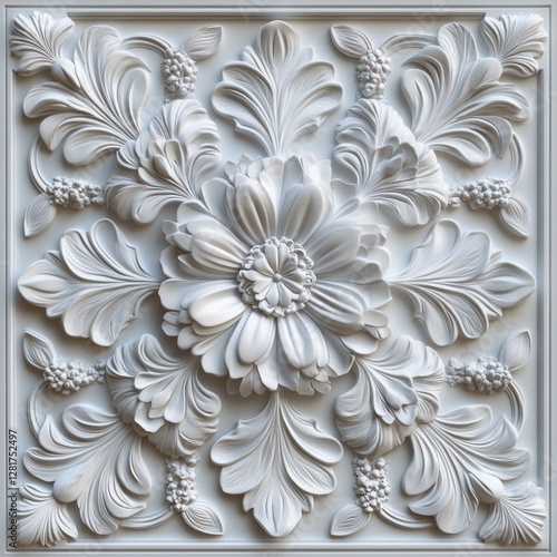 Intricate White Floral Relief Sculpture with Elegant Botanical Motifs and Sophisticated Artistry for Decorative Design and Architectural Ornamentation