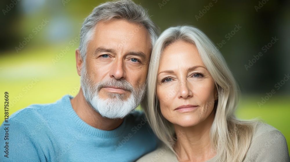 A couple with gray hair sits closely together, smiling softly. They are surrounded by greenery, enjoying a peaceful day. The sunlight enhances their warm expressions A couple with gray hair sits closely together, smiling softly. They are surrounded by greenery, enjoying a peaceful day. The sunlight enhances their warm expressions