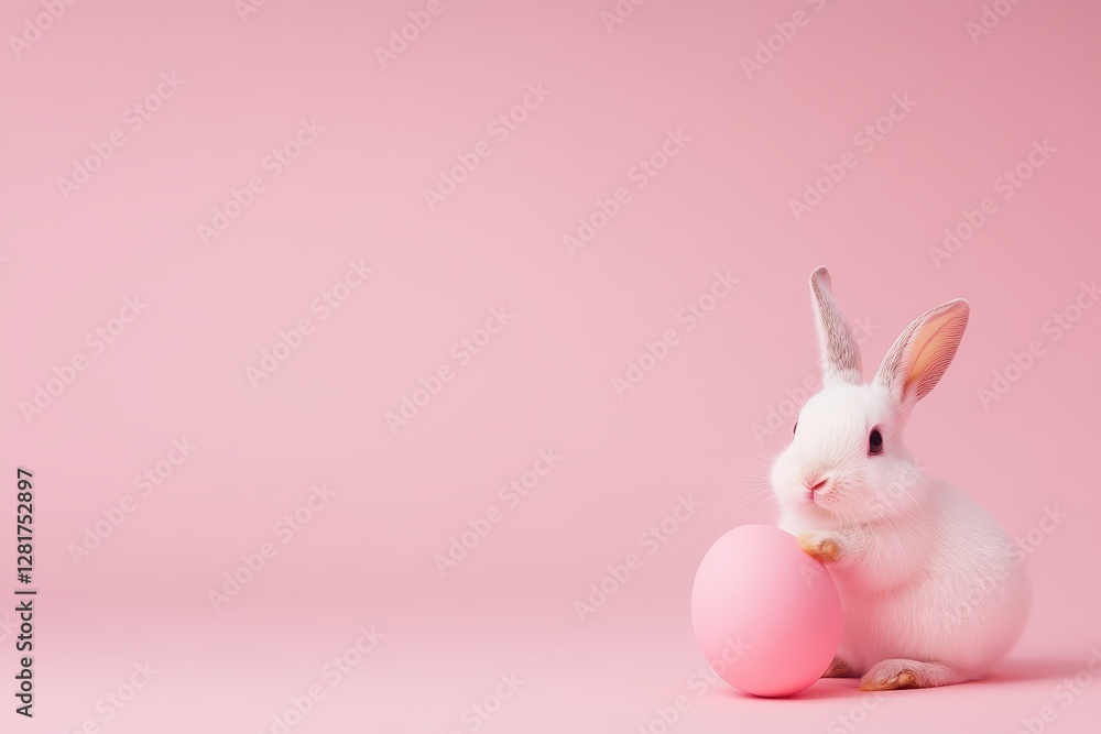 Obraz premium A small white rabbit is positioned next to a pastel pink egg, creating a playful and cheerful atmosphere perfect for spring celebrations like Easter