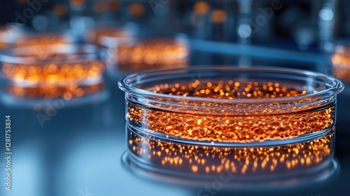 Lab research golden microspheres in petri dish photo