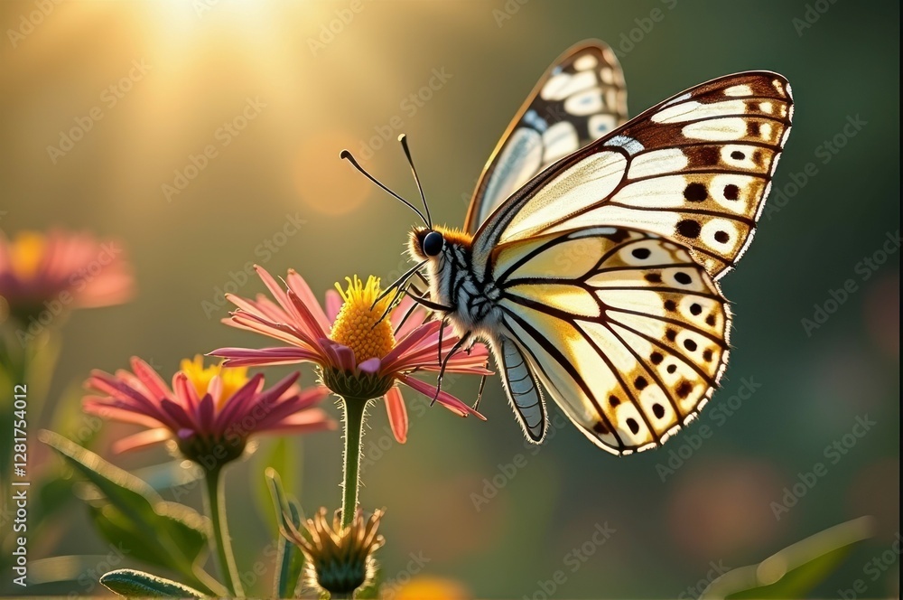 Fototapeta premium Beautiful butterfly on pink flowers in sunlit garden