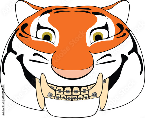 Vector funny cartoon tiger head with a wide smile. There are braces on the tiger's teeth. Isolated character on a white background.