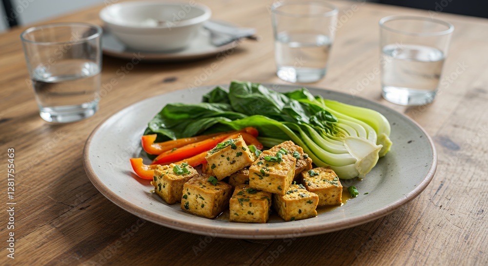 Delicious Fried Tofu with Bok Choy and Red Pepper Vegetable Dish Delicious Fried Tofu with Bok Choy and Red Pepper Vegetable Dish