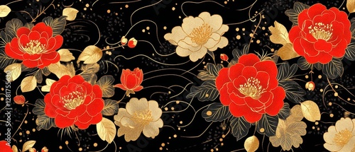 Fototapeta Naklejka Na Ścianę i Meble -  Luxurious kimono pattern with golden peonies and intricate karakusa vine designs, symbolizing prosperity