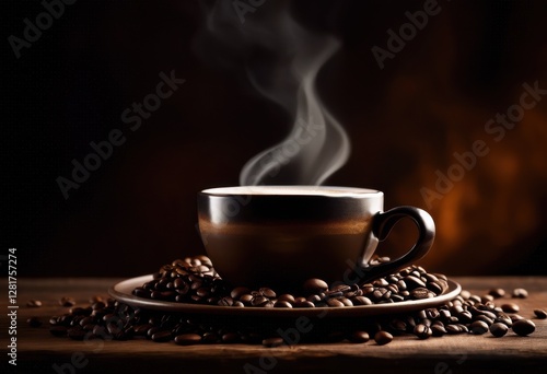 cinematic close steaming coffee cup captured dramatic lighting rich dark backdrop, beverage, drink, hot, mocha, espresso, latte, aroma, flavor, texture