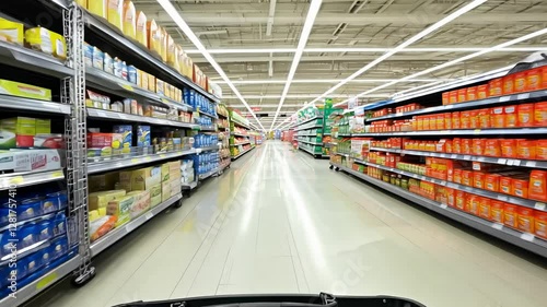 Enjoy a leisurely stroll through a vibrant supermarket, exploring multiple aisles stocked with colorful products and beverages. The atmosphere is lively as shoppers navigate each section.