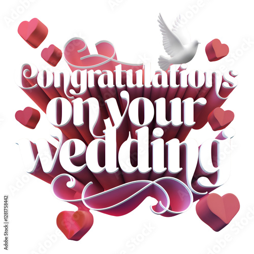 'Congratulations on your wedding' illustration lettering composed of hearts and white doves.
The calligraphy letters are implemented in 3D, and the overall color is lovely pink.