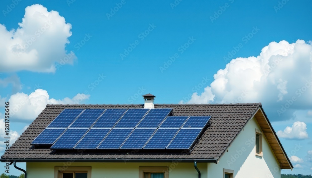 Blue sky partially clouded over a home featuring solar panels on its slanted roof, energy, dwelling Blue sky partially clouded over a home featuring solar panels on its slanted roof, energy, dwelling