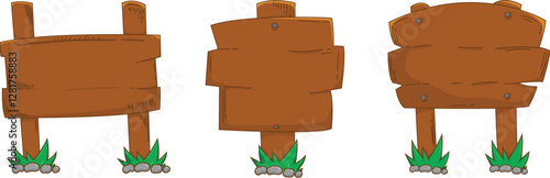 Illustration of three wooden signboards in a cartoon style, featuring grass and stones at the base. Perfect for decorative, game, or illustrative purposes
