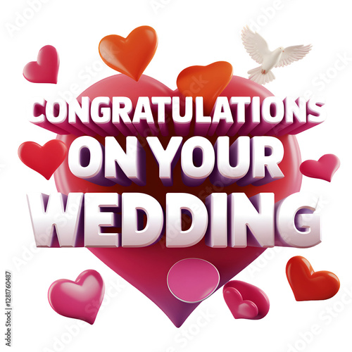 'Congratulations on your wedding' illustration lettering composed of hearts and white doves.
The calligraphy letters are implemented in 3D, and the overall color is lovely pink.