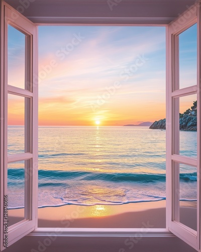 Serene Sunset Beach View Through Open Window Frame, Open Window to Ocean, Sunset through Window