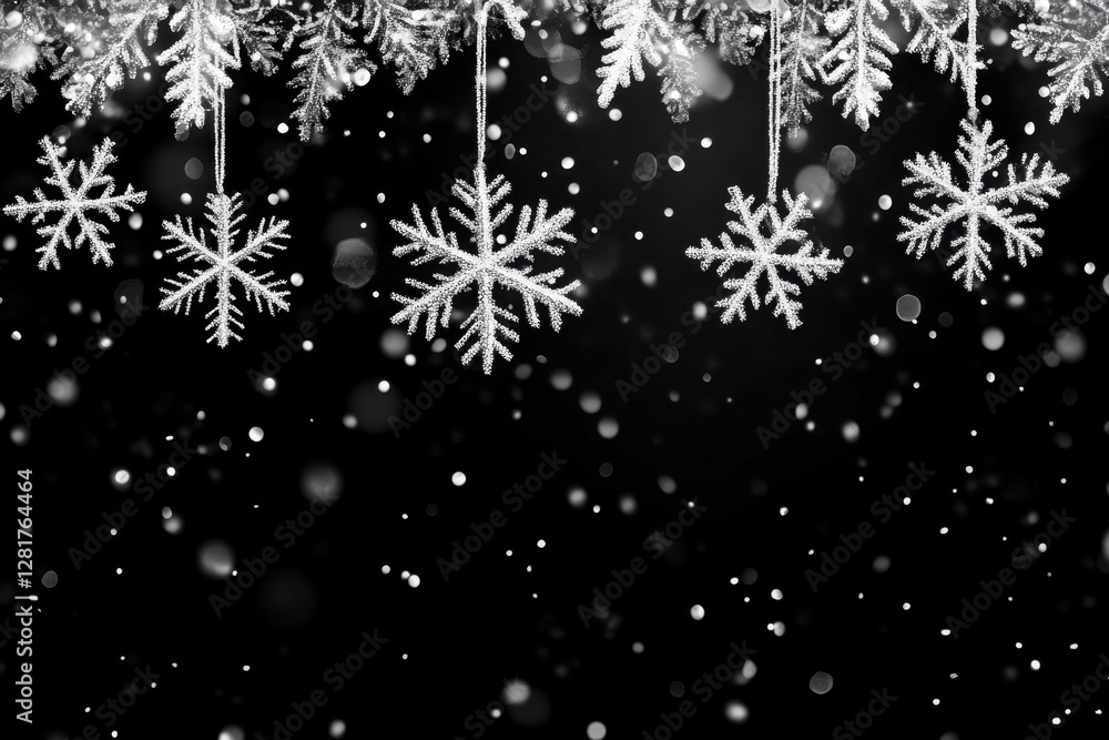 Elegant monochrome winter scene of hanging silver snowflakes against a dark backdrop with falling snow creating a festive seasonal atmosphere Elegant monochrome winter scene of hanging silver snowflakes against a dark backdrop with falling snow creating a festive seasonal atmosphere