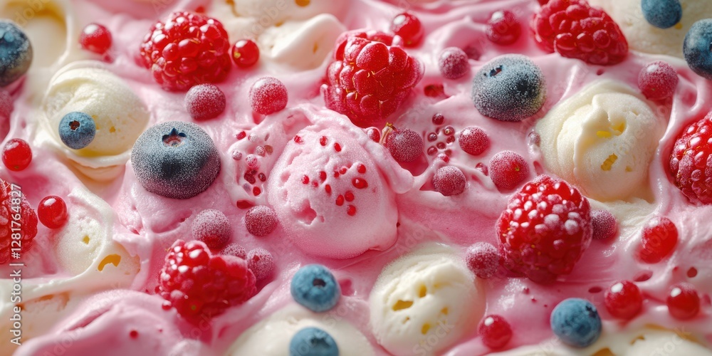 Colorful dessert with various berries and creamy toppings on a smooth pink surface in a close-up view Colorful dessert with various berries and creamy toppings on a smooth pink surface in a close-up view